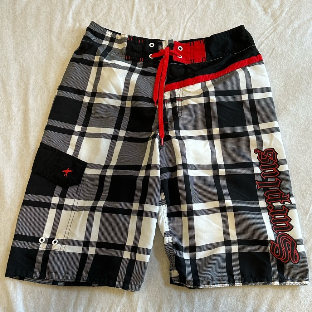 Black and White Plaid Board Shorts with Red Accents